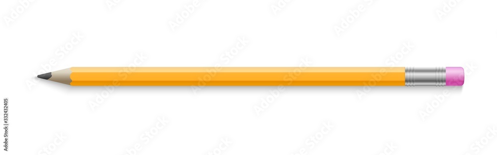 Sticker realistic pencil. isolated yellow wood graphic tool for school or college with eraser. 3d office sta