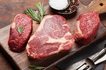 Variety of fresh raw beef steaks