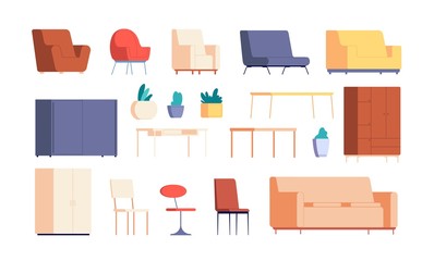 Living room furniture. Home interior creation constructor. Decor elements, couch, desk and armchairs. Isolated apartment design vector set. Furniture interior room, home apartment living illustration
