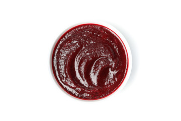 Beet cream soup isolated on white background