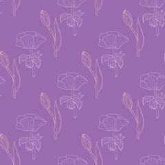 Seamless pattern with exquisite light pink tulips and light violet anemone flowers on violet background for  fabric, textile, clothes, blanket, scrapbooking and other things. Vector image.
