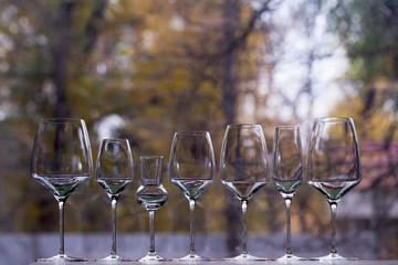 The row of seven wine glasses on a sill.