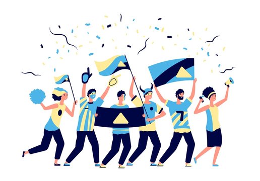 Sport Fans. Adults Football Lovers, Cheering With Soccer Team. Men Women, Fanatic Crowd With Flags. Active Team Support Vector Illustration. Football Fan Soccer, Cheering Shouting, Cheer Championship