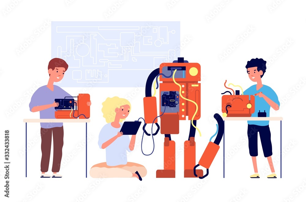 Aufkleber robotics. robots presentation, school engineering technology. children showing cyborg. young enginee