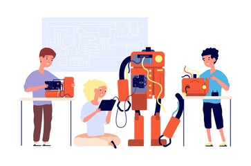 Robotics. Robots presentation, school engineering technology. Children showing cyborg. Young engineer education. Kids project vector concept. Education robot programming, study illustration