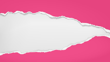 Torn, ripped pieces of horizontal pink paper with soft shadow are on white background for text. Vector illustration