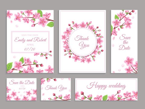 Sakura cards. Cherry blossom wedding invitation. Pink japanese chinese floral postcard. Greeting with flowers, save date vector illustration. Invitation wedding card, pink spring botanical blossom