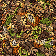 Chocolate hand drawn doodles seamless pattern. Cocoa vector illustration.