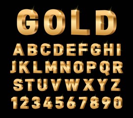 Gold 3d font. Glossy rich alphabet, trendy metal expensive typography elements. Luxury exclusive letters and numbers. Golden text vector set. Typography golden alphabet, typographic illustration
