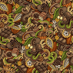 Chocolate hand drawn doodles seamless pattern. Cocoa vector illustration.