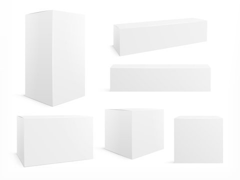 Packaging box. White boxes pack, 3d packages for products. Isolated medical cardboard block. Realistic paper packets vector blank mockup set. Box 3d product package, cardboard packaging illustration