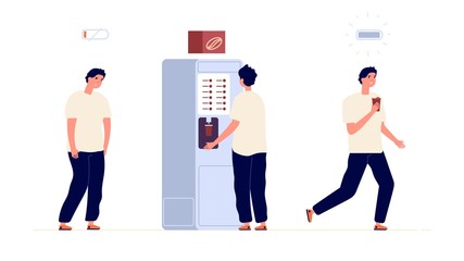 Coffee energy. Isolated creative worker need energizer break. Espresso cup, energetic drink for office manager. Happy businessman with cappuccino vector illustration. Work energy, coffee worker