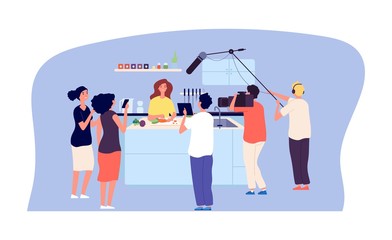 Culinary workshop. Cooking TV show, live streaming. Chef blogger in kitchen, fans and movie makers team vector illustration. Cooking media culinary program, professional television studio