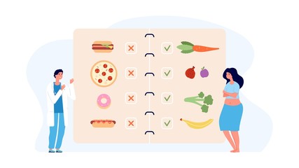 Dietology concept. Doctor and overweight patient, healthy and unhealthy menu. Obesity, food addiction. Sad depressed woman medicine help vector illustration. Doctor patient weight, healthy dietology