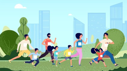Family marathon. People jogging, woman kids sport lifestyle. Parents and children healthy outdoors exercises. Running competition in park. Health day vector illustration. Family sport jogging outdoor