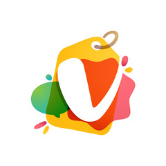 V letter logo with Sale tag icon. Watercolor overlay style. Negative space font.