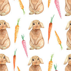 Aquarelle transparente motif avec des lapins mignons et des carottes isolés sur fond blanc. Impression de Pâques pour scrapbooking, cartes d& 39 invitation et de voeux, tissus, emballage.