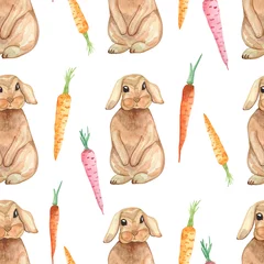 Papier Peint photo Lapin Aquarelle transparente motif avec des lapins mignons et des carottes isolés sur fond blanc. Impression de Pâques pour scrapbooking, cartes d& 39 invitation et de voeux, tissus, emballage.