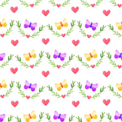 Watercolor seamless pattern with cute butterflies and hearts isolated on white background. Spring easter print for scrapbooking, invitation and greeting cards, fabrics, wallpapers.