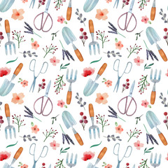 Watercolor seamless garden pattern isolated on white background. Cute print with garden tools and flowers. Pattern with tools for working in the garden.