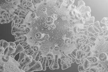 Close-up of parasitic viral cells under a microscope in a specialized laboratory on a gray background black and white image