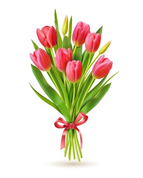 Tulips bouquet. Realistic 3d spring holland flowers for international woman day 8 march, mother and victory day greeting card vector image. Bouquet tulip, floral flower realistic illustration