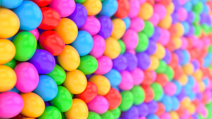 Closeup pile of gumballs with colorful rolling and falling balls form a wall. Colorful candy spheres in the pool for children fun abstract background. Bright 3D illustration with depth of field.