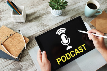 Naklejka premium Podcast - audio or video recordings, TV or radio broadcasts, lectures, speeches and other events.