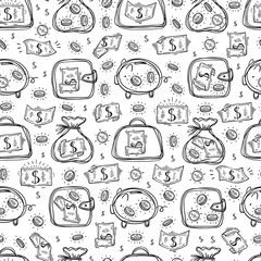 Financial, Business and Wealth Symbols Background. Money Icons Vector Seamless Pattern. Hand drawn Doodle Briefcase, Wallet, Money Bag, Piggy with Dollar Banknotes and Coins.