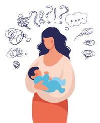 A woman with a child in her arms asks herself many questions. Conceptual illustration about postpartum depression, help for a young mother, family support. Flat cartoon illustration isolated on white - obrazy, fototapety, plakaty