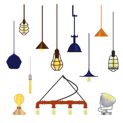 Vector set of modern loft lamps. Isolated on white. Elements for interior design. Hanging and floor lamps. Flat style.