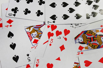 Playing cards background, various colorful cards. Poker and blackjack game set, classic playing card deck with spades, hearts, diamonds, clubs symbols