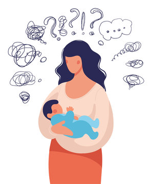 A woman with a child in her arms asks herself many questions. Conceptual illustration about postpartum depression, help for a young mother, family support. Flat cartoon illustration isolated on white