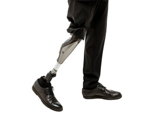 Cropped view of Disabled man with prosthetic leg, isolated on white background
