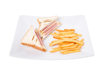 Breakfast with the sandwich and french fried.