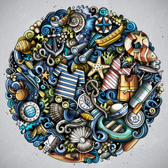 Marine hand drawn vector doodles illustration. Color funny picture.