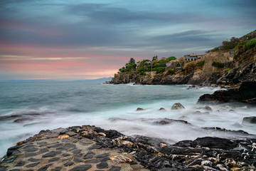 Sunset along the coastline at Bogliasco, Italy