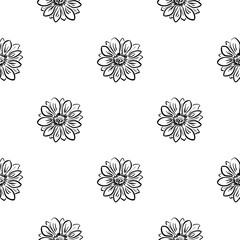 Seamless pattern with simple abstract flowers and leaves on white background. Hand drawn vector illustration.