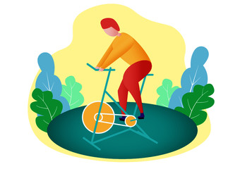 prevent the spread of corona virus covid-19, keep exercising at home on a static bicycle . vector illustration
