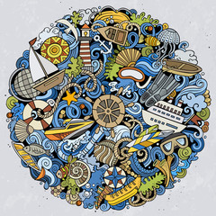 Marine hand drawn vector doodles illustration. Color funny picture.