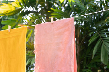Wooden clothespins with traditional thai pattern of natural dyes extracting dyes from plant in the...