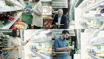 Collage of people taking goods from fridge in grocery store. Multiscreen montage, split screen collage. Shopping concept