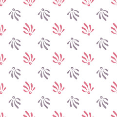Seamless pattern with simple abstract flowers and leaves on white background. Hand drawn vector illustration.
