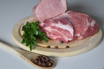 raw meat, pork neck and pork chop with spices