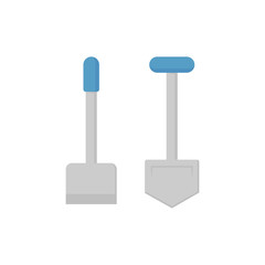 Hoe or spade and shovel vector icon. Equipment hand tool for agriculture at garden, farm, yard, backyard. Include wooden handle, steel for dig, scoop of soil, snow, ground, earth, plant and weeding.