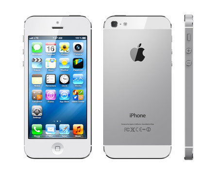 SEPTEMBER 22 2012, Tashkent Uzbekistan: Apple iphone-5 three projections, white silver, illustrative editorial