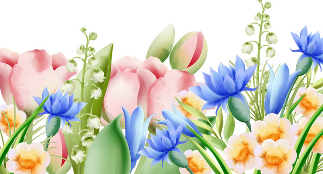 Spring watercolor bouquet of wild flowers. Bell, tulip, aster and daffodil