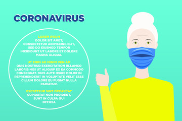 Vector illustration Coronavirus information poster template  Elderly woman in a protective mask on her face is showing ok gesture