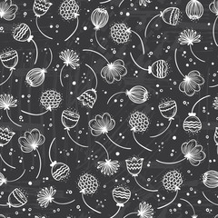 Flowers Vector Seamless pattern. Floral background with Hand drawn doodle Wildflowers. Black and White Scandinavian style
