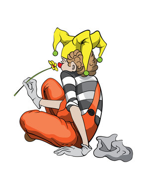 Sad mime clown contemplating with a yellow flower in hand